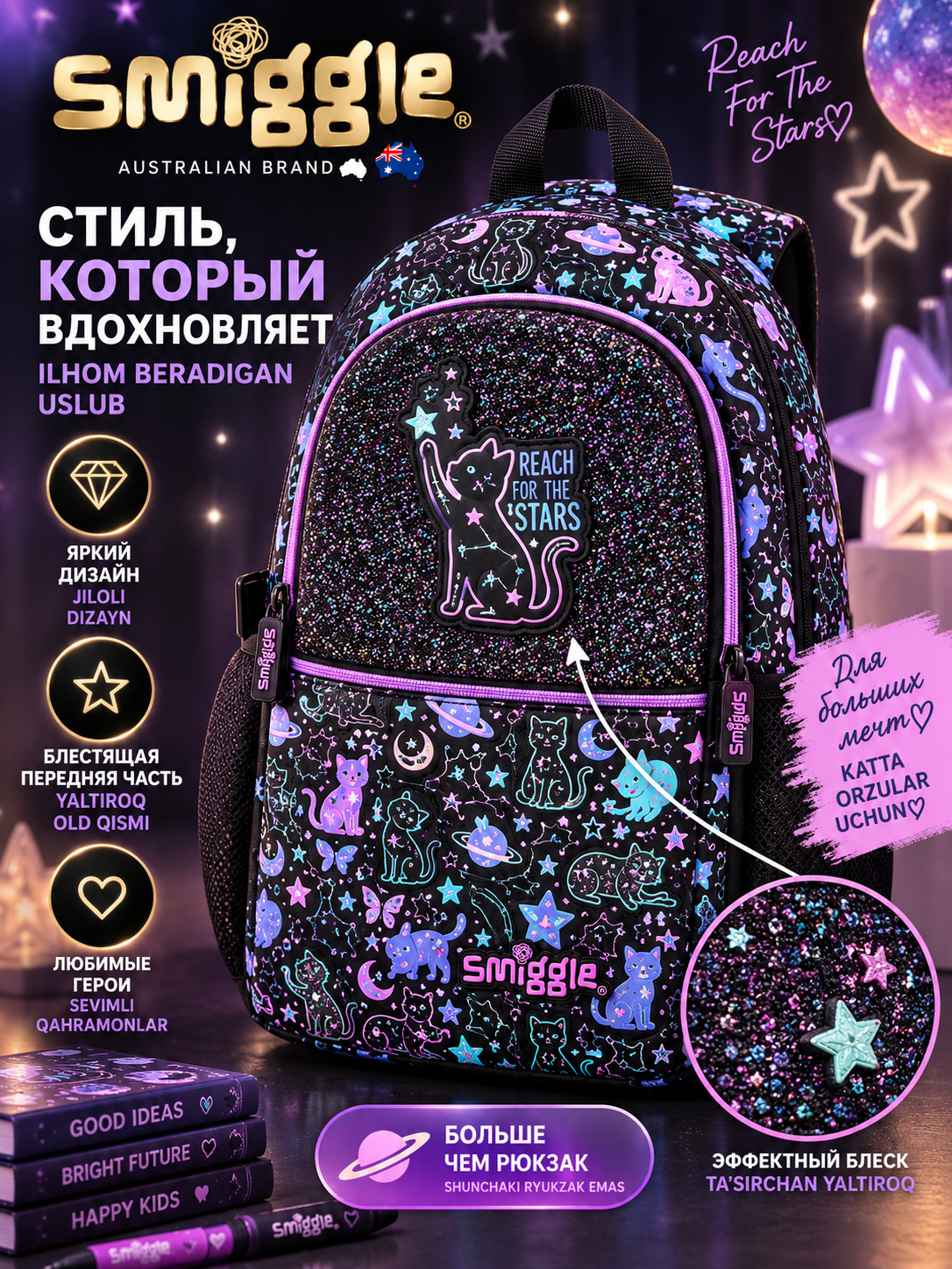 Qizlar uchun maktab ryukzagi Smiggle, keng sig‘imli, bo‘limli, 40×30×15 sm