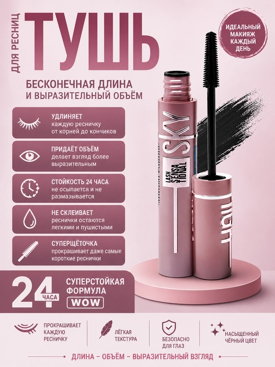 SKY HIGH, тушь для ресниц, удлиняющая, придающая объем, черная, 7,2 мл - 