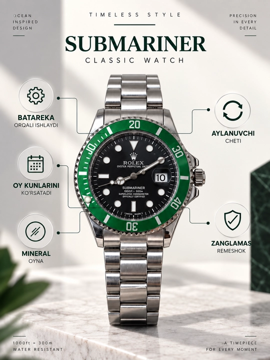 Submariner erkaklar qo‘l soati, batareyali mexanizm va po‘lat bilaguzuk bilan - 