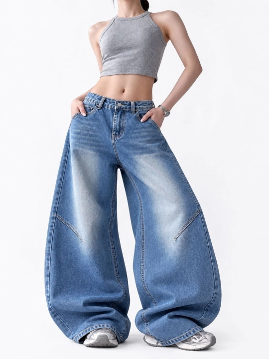 Koreys uslubida ayollar keng jinsi shimlar—katta o‘lchamli,baggi,yuqori belli S,M,L,XL,2XL