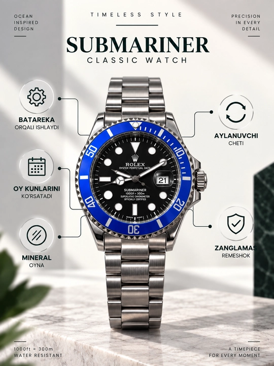 Submariner erkaklar qo‘l soati, batareyali mexanizm va po‘lat bilaguzuk bilan - 