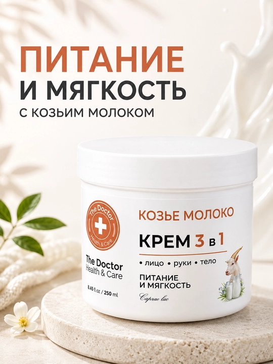 Крем Домашний Доктор, 3 в 1 косметический, с пантенолом, гиалуроном, сулиткой, 250 мл