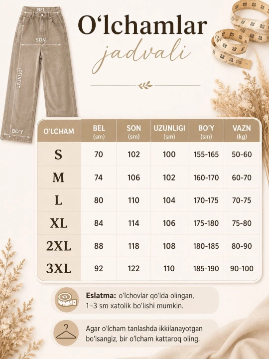 Koreys uslubida ayollar keng jinsi shimlar—katta o‘lchamli,baggi,yuqori belli S,M,L,XL,2XL
