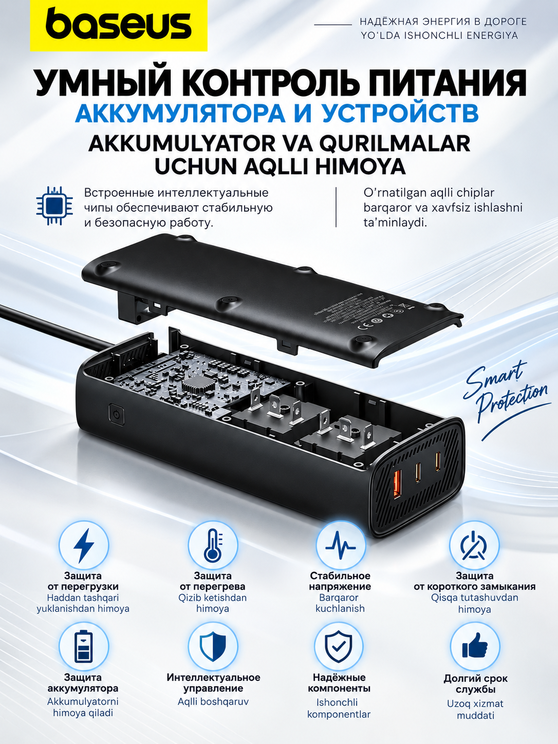 Инвертор автомобильный Baseus 150 Вт, 12В – 220В, LCD, 2 розетки AC, 1 USB, 2 Type-C