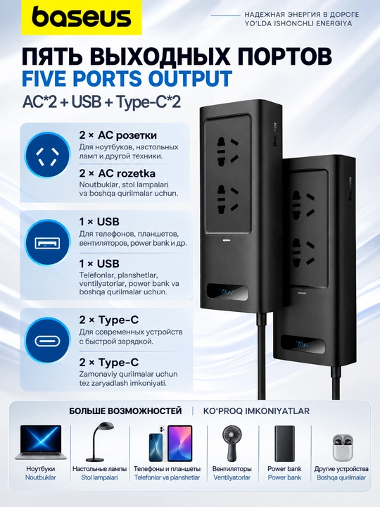 Инвертор автомобильный Baseus 150 Вт, 12В – 220В, LCD, 2 розетки AC, 1 USB, 2 Type-C