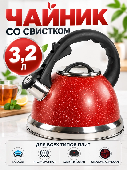 Hushtakli choynak 3,2 l, zanglamaydigan po‘latdan, gaz va induksion plitalar uchun - 