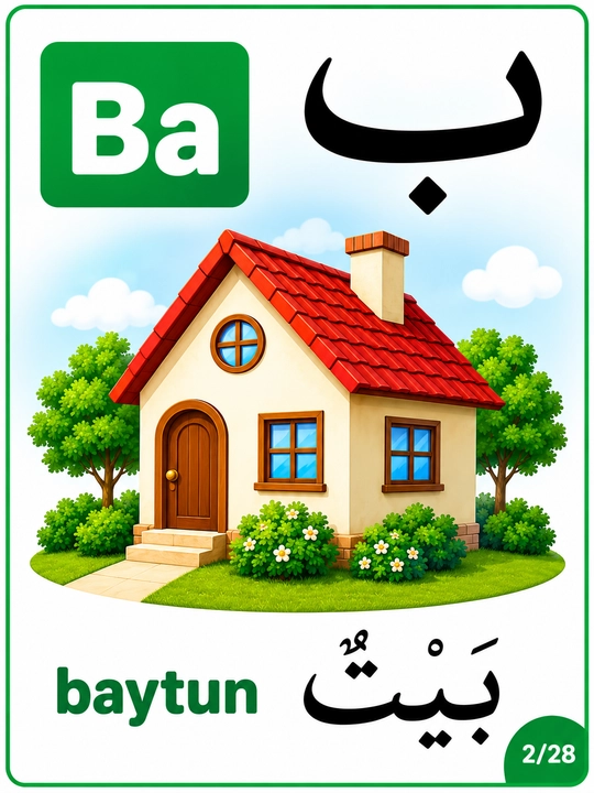 3 yoshdan katta bolalar uchun arab alifbosi kartochkalari, harflar, rasmlar va ularning tartib raqamlari