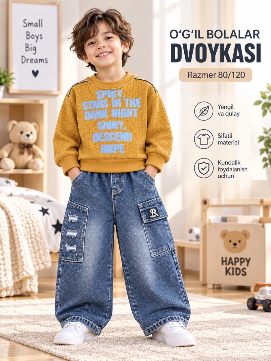 Bolalar to‘plami - ikki qismli, o‘g‘il bolalar uchun - svitshot va keng jinsi shim, o‘lchamlari 80-120 - 