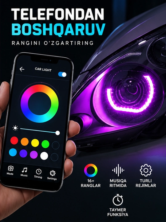 Bi-LED фары для Chevrolet Spark, RGB подсветка, управление с телефона, Angel Eyes