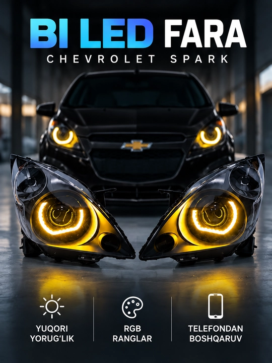 Bi-LED фары для Chevrolet Spark, RGB подсветка, управление с телефона, Angel Eyes - 