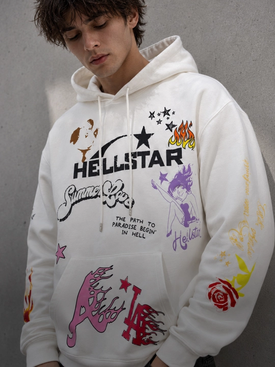 Hellstar printli oversayz xudi uniseks, streetwear, Y2K - 