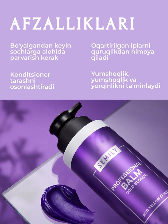 Balzam soch uchun tus beruvchi SEMILY, blond soch sarg‘ayishni neytrallashtiruvchi, 400 ml