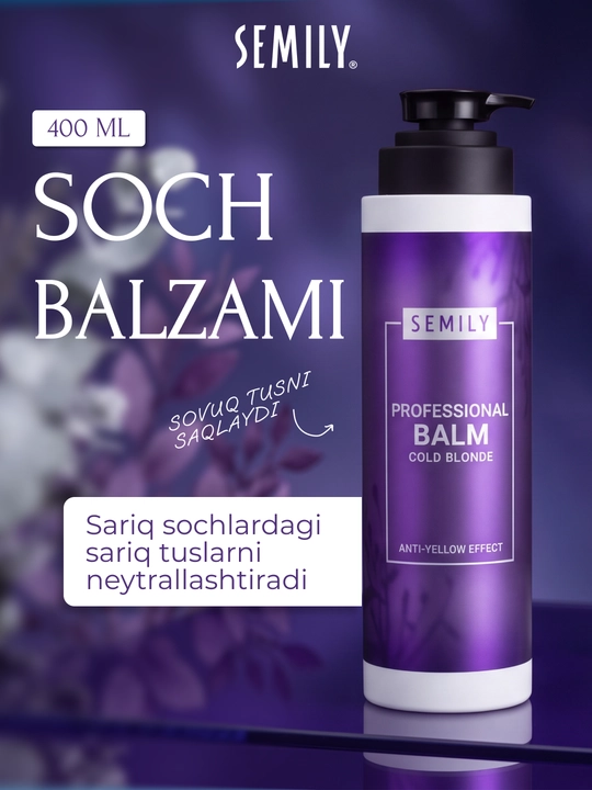 Balzam soch uchun tus beruvchi SEMILY, blond soch sarg‘ayishni neytrallashtiruvchi, 400 ml - 
