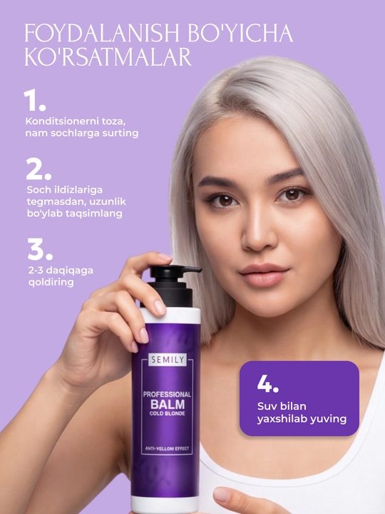 Balzam soch uchun tus beruvchi SEMILY, blond soch sarg‘ayishni neytrallashtiruvchi, 400 ml