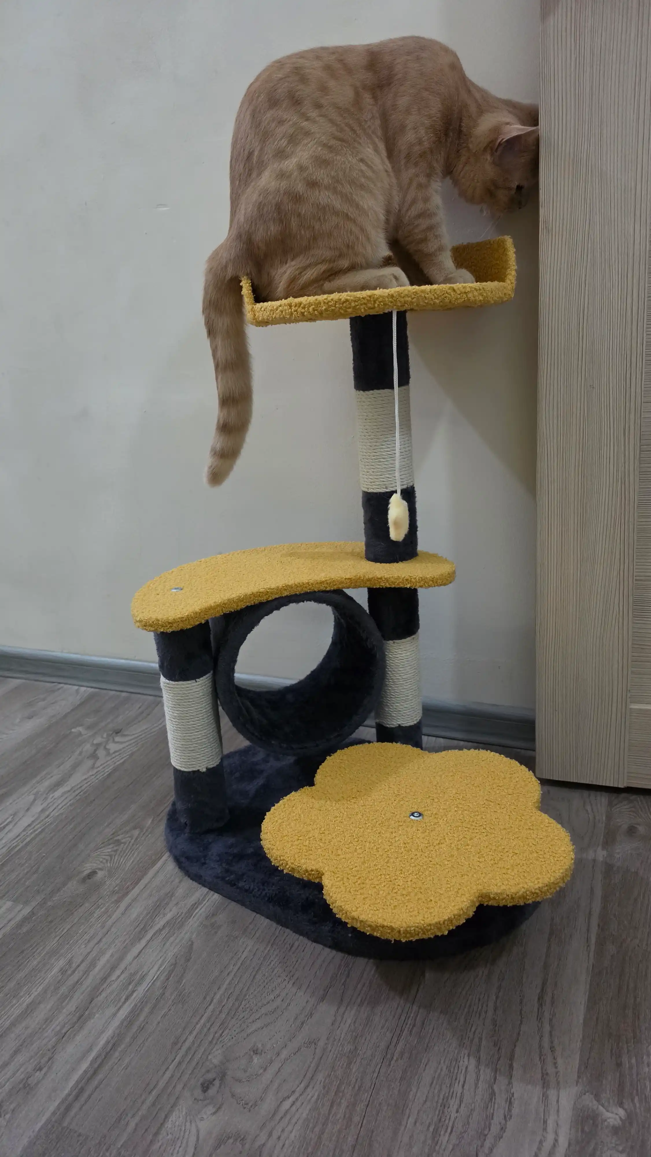 Игровой комплекс для кошек, когтеточка с туннелем и подвесной игрушкой-звездочкой 75см