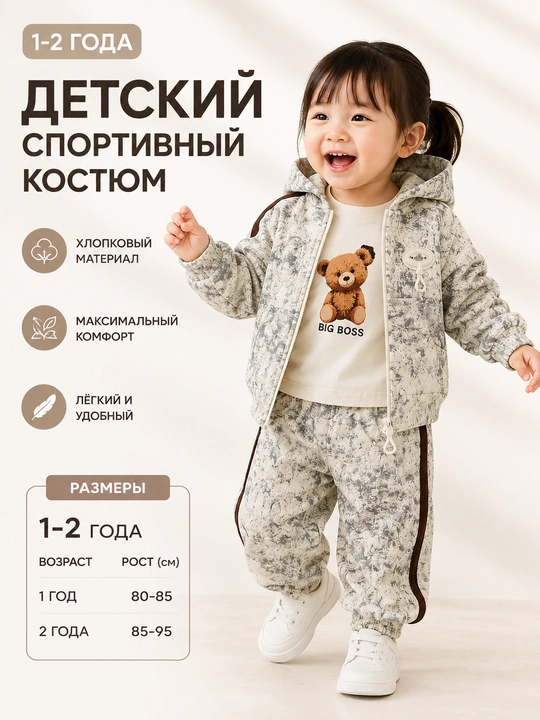 Спортивный костюм для девочки худи, брюки, футболка, коричневый комплект - 