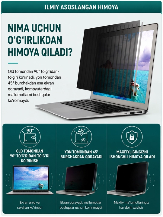 15:6 o‘lchamdagi ko‘k yorug‘likdan himoya qiluvchi va ekran maxfiyligini ta’minlovchi noutbuk ekrani uchun himoya plyonkasi