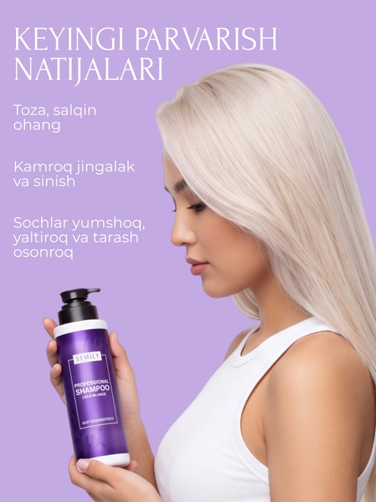 SEMILY malla sochli ayollar uchun tusli shampun, binafsha rangli tus beruvchi sariqlikni neytrallovchi vosita, 400 ml
