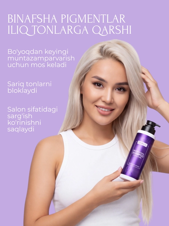 SEMILY malla sochli ayollar uchun tusli shampun, binafsha rangli tus beruvchi sariqlikni neytrallovchi vosita, 400 ml