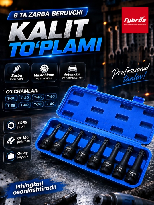 1/2" T3O-T80 zarbali rozetka boshlari to'plami, qutida 8 dona - 