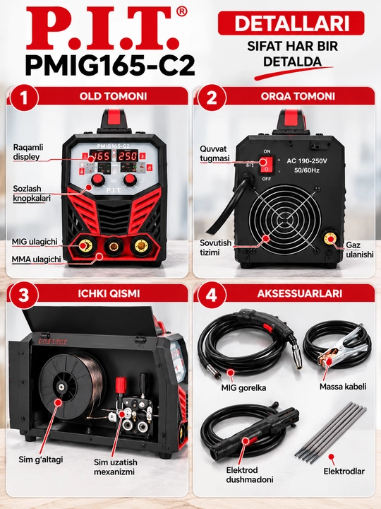 P.I.T. PMIG165-C2 payvandlash apparati MIG MAG MMA 4800W inverter