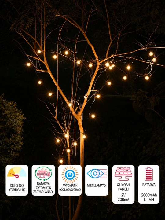 Quyosh energiyali led grilyanda lampochkasi, 7.6m, 25ta lampochka, issiq oq, TEKLED