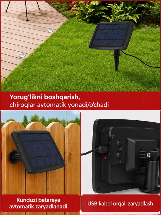 Quyosh energiyali led grilyanda lampochkasi, 7.6m, 25ta lampochka, issiq oq, TEKLED