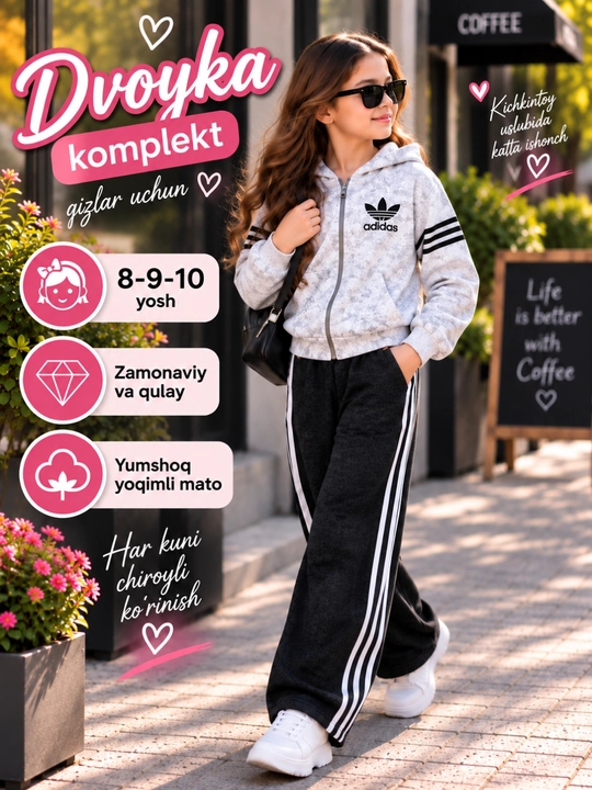 Костюм двойка для девочки, худи и брюки, спортивка, широкие штаны