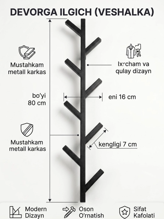 Loft uslubidagi devor ilgichi — qora metall, kiyim va buyumlar uchun