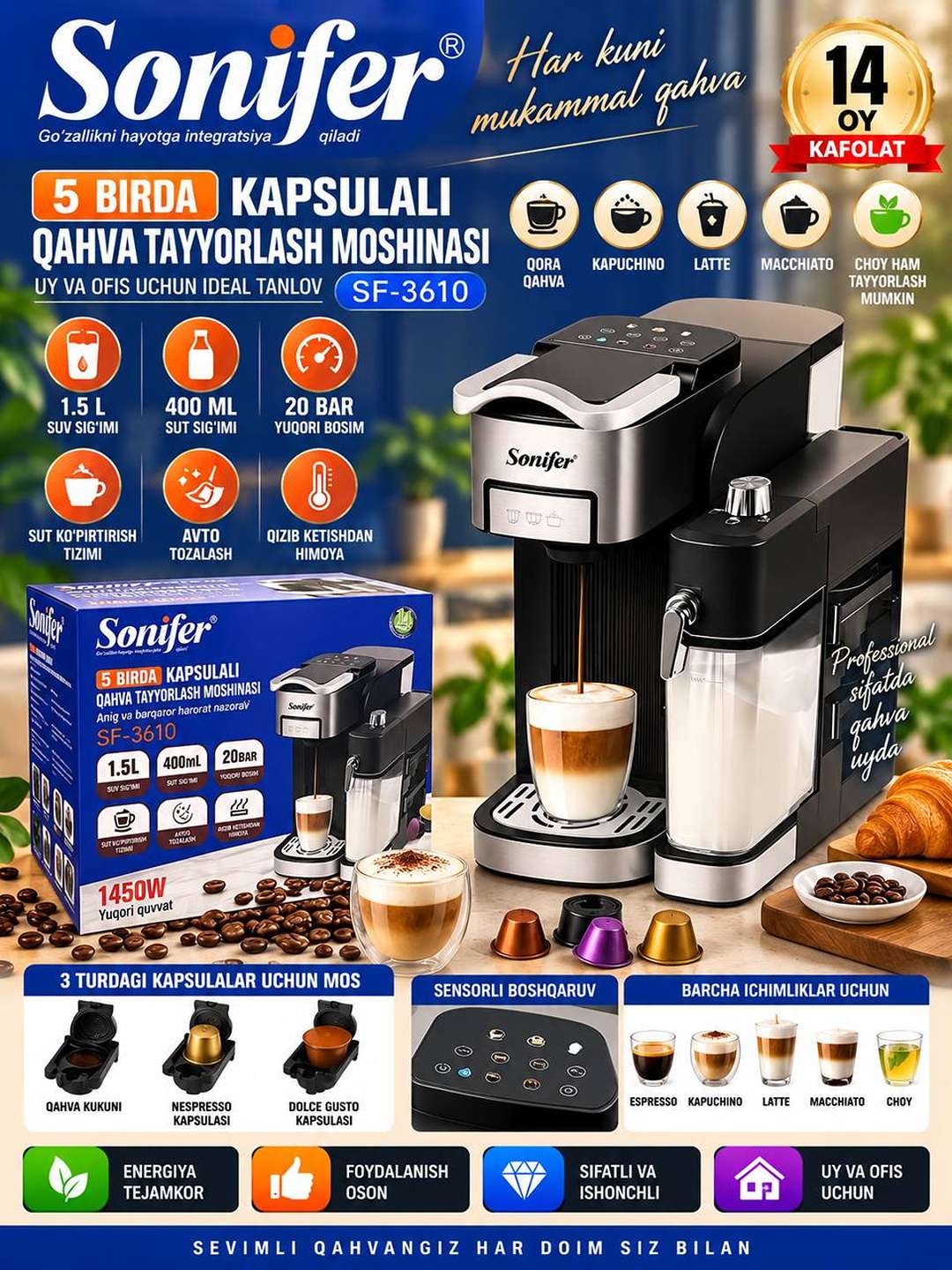 Sonifer SF-3610 — sevimli qahvangiz endi uyingizda 5 tasi 1 da kapsulali kofemashina