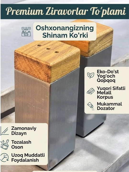 tuz va qalampir uchun yog‘ochdan yasalgan metall bor, oshxona tuz idishi, dispenser - 