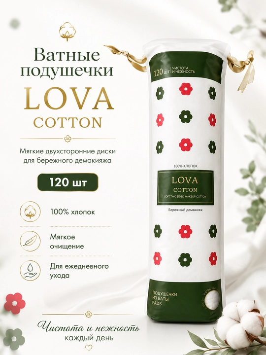 Ватные диски LOVA COTTON, 100% хлопок, 120 шт, двусторонние, для лица и демакияжа