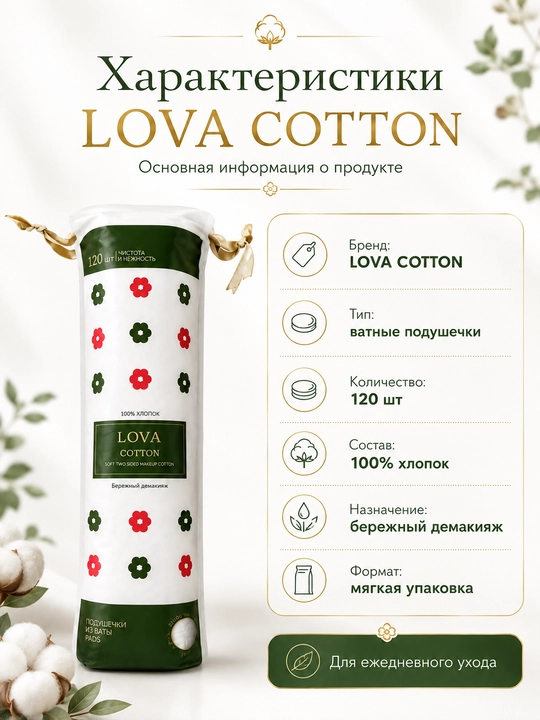 Ватные диски LOVA COTTON, 100% хлопок, 120 шт, двусторонние, для лица и демакияжа