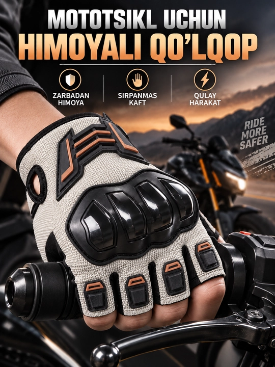 Mototsikl qo‘lqopi, himoyalangan, barmoqlari ochiq, sirpanmas kaft, M/L/XL - 
