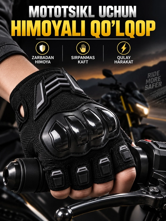 Mototsikl qo‘lqopi, himoyalangan, barmoqlari ochiq, sirpanmas kaft, M/L/XL - 