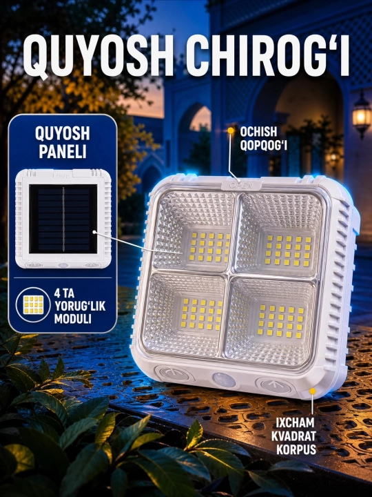 Quyosh panelli va 4 modulli ixcham kvadrat chiroq - 