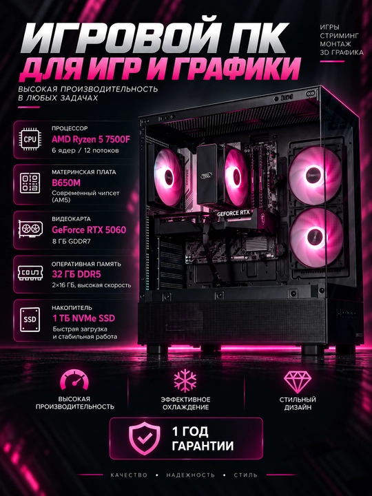 Компьютер для игр и графики, Ryzen 5 7500F, RTX 5060 8 ГБ, MB B650M, 32 ГБ DDR5, SSD 1 ТБ