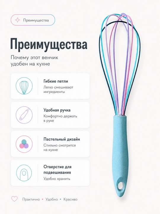 Силиконовый кухонный венчик для взбивания и смешивания, с удобной ручкой