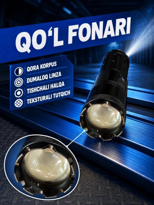 Dumaloq linzali va tishchali halqali taktik qora qoʻl fonari - 