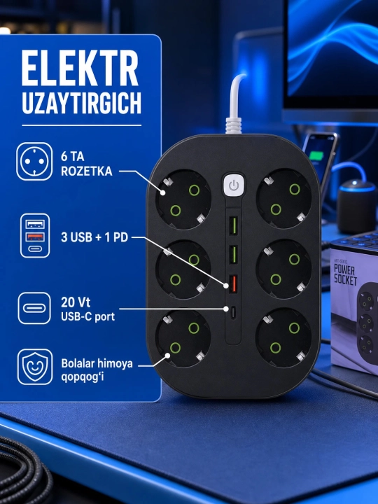 6 ta rozetka va 20W PD Type-C portli elektr uzaytirgich - 