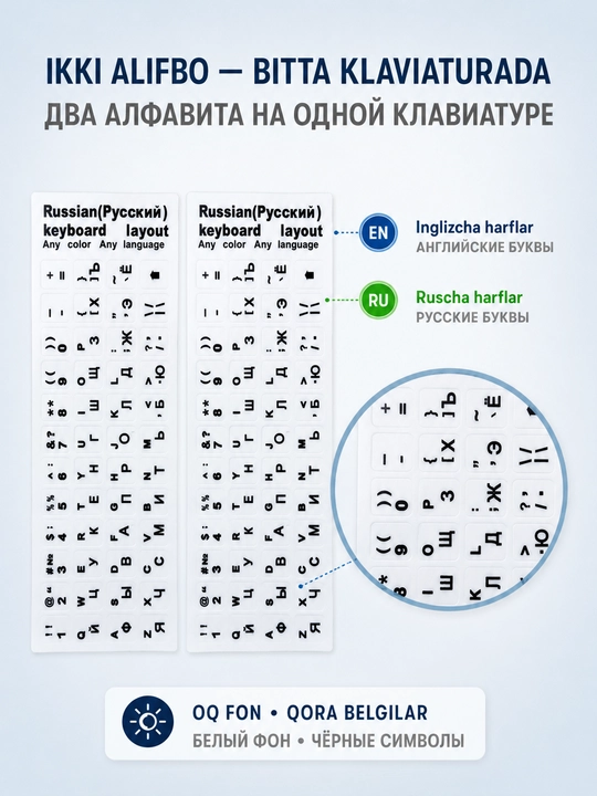 Shriftli klaviatura stikerlari rus va ingliz harflari noutbuk va kompyuter uchun stikerlar