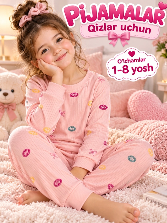 Qizlar uchun uy pijamasi 2 qismli yumshoq 1-8 yosh, 100% paxta - 
