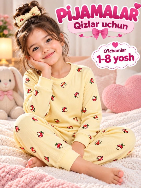 Qizlar uchun uy pijamasi 2 qismli yumshoq 1-8 yosh, 100% paxta - 