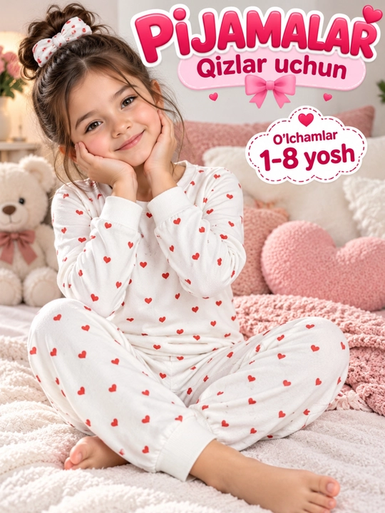 Qizlar uchun uy pijamasi 2 qismli yumshoq 1-8 yosh, 100% paxta - 