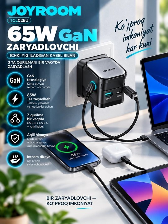 Зарядное устройство JOYROOM TCL02EU GaN 65W встроенный кабель USB-C USB-A