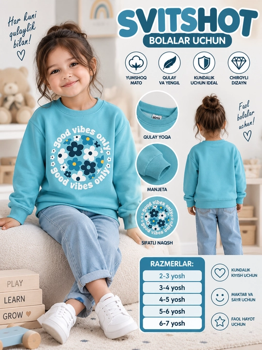 Свитшот для девочки, толстовка, кофта с длинным рукавом, 2–7 лет - 