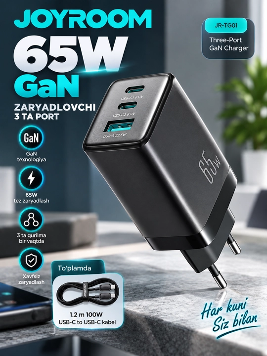 Zaryadlovchi JOYROOM JR-TG01 GaN 65W 3 port USB-C USB-A + kabel