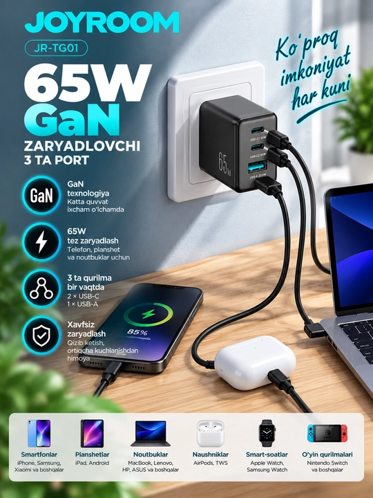 Zaryadlovchi JOYROOM JR-TG01 GaN 65W 3 port USB-C USB-A + kabel