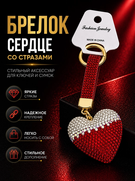 Брелок Сердце со стразами для ключей, сумки и рюкзака, декоративная подвеска - 