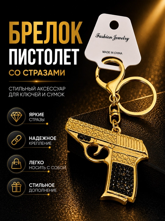Brelok Kalit, sumka va ryukzak uchun strasli to‘pponcha - 